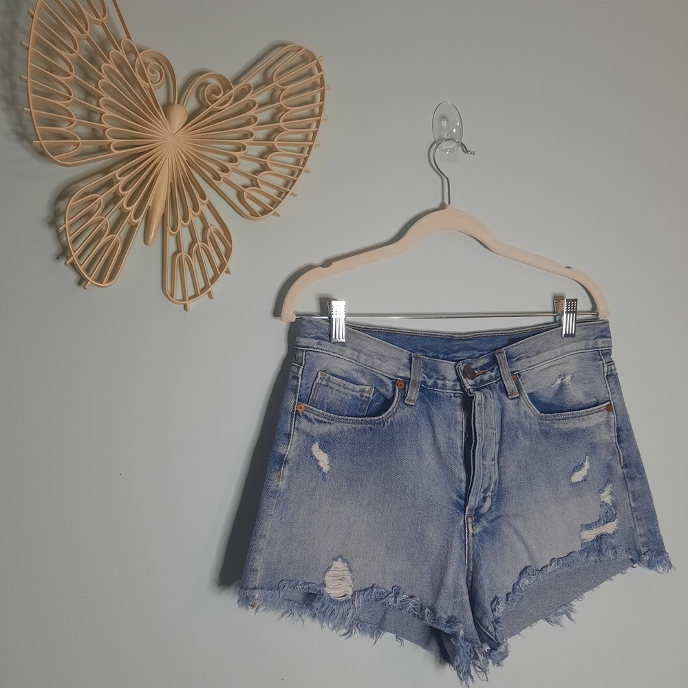 BlankNYC Sz 28 Light Blue Distressed Button Fly, High Waisted, Jean Micro Shorts